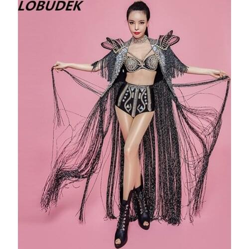 High-end Tassel Cloak Sparkly Rhinestones Luxurious Costume Club Women DJ Singer Stage Outfit Star Vocal concert Tide Dance wear