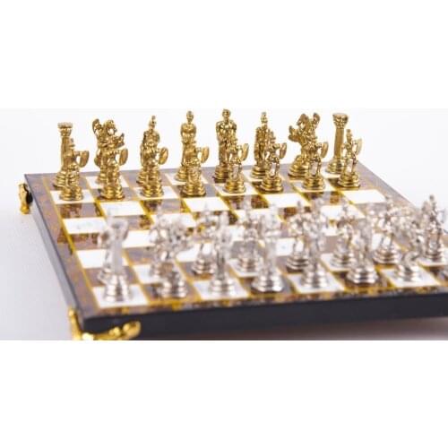 Roman Soldiers Luxury Metal Chess set Chrome Plated Honey Marble Patterned Board