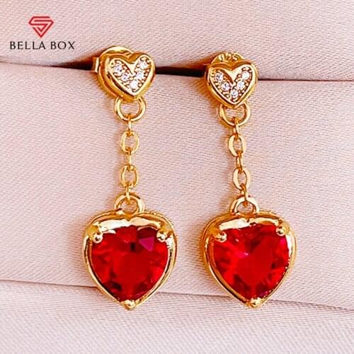 BELLA BOX Fashion 925 sterling silver drop earrings with heart shape ruby gemstones female silver fine jewelry gift wholesale