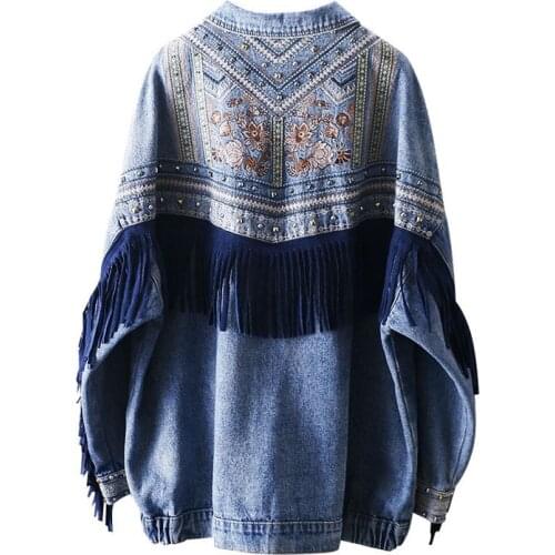 PERHAPS U Women Denim Jacket Blue Loose Embroidery Rivet Tassel Pocket Oversize Moto Biker Punk Boho C0086