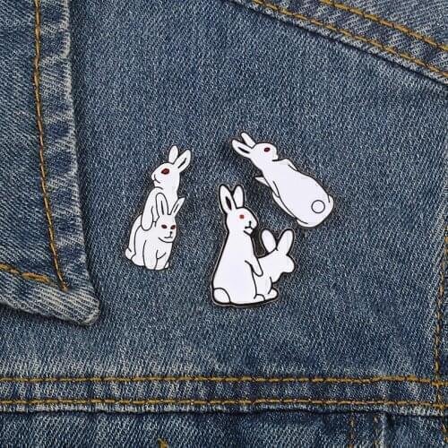 Funny White Rabbit Pins Cute Cartoon Evil Bunny Brooch Crative Rogue Hare Enamel Lapel Pin Women Denim Jackets Collar Badge Icon