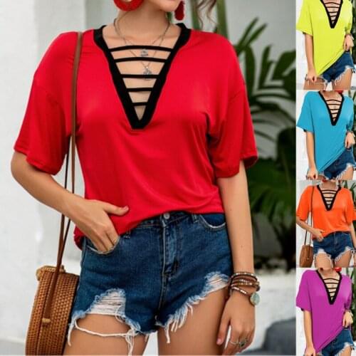 Summer T Shirt Women New 2021 v-neck Hollow Out Short Sleeve T-shirt Female Leisure Female Tee Tshirts Dropshipping CHD1067