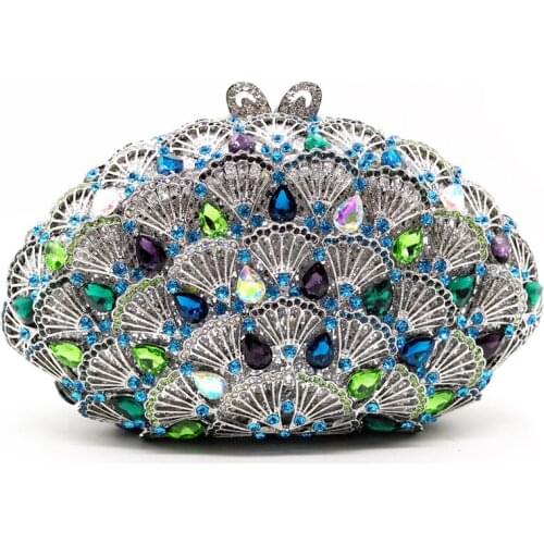Green/Purple/Blue Rhinestone Women Clutch Bag Fashion Silver Metal Evening Purse White Crystal Lady Dinner Party Chain Handbags