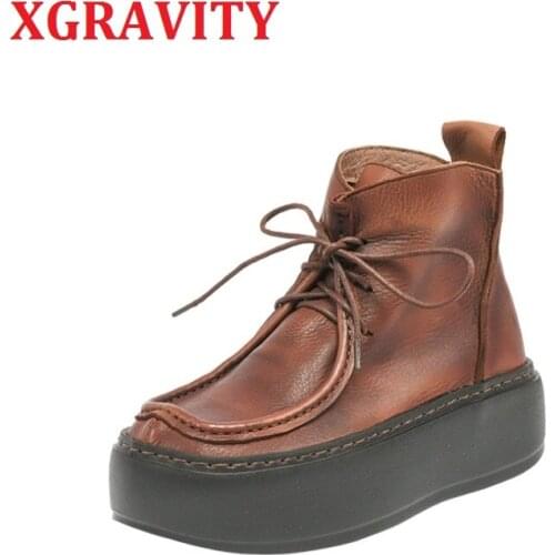 XGRAVITY 2020 Autumn Winter Platform Boots Thick SOle Ladies Fashion Shoes Cow Leather Footwear Sewing Lace Up Martin Footwear