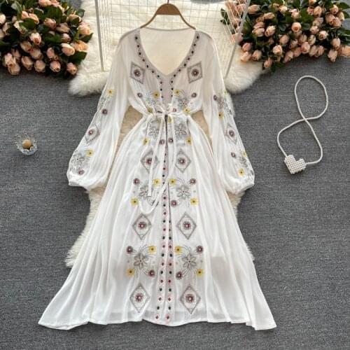 Jastie Bohemian Style Women Dresses 2021 New Spring Autumn Retro Ethnic Embroidery Mid-length Boho Beach Holiday Dress