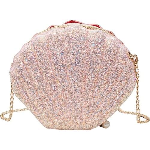 Women Girls Little Mermaid Seashell Purse Cross-Body Shoulder Bags Glitter Sequins Chain Evening Purse