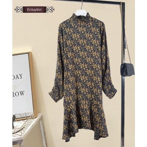 2020 Women Vintage Floral Printed Ruffled Turtleneck Dress Cute E7492