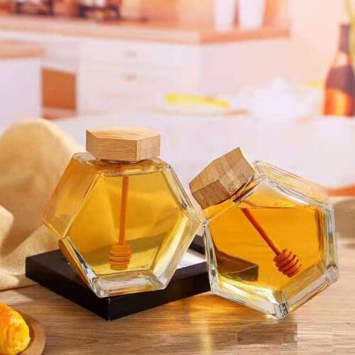 100ML/380ML Hexagonal Glass Honey Bottle with Wooden Stirring Glass Jar with Wooden Covers Honey Jars for Wedding Party Gifts