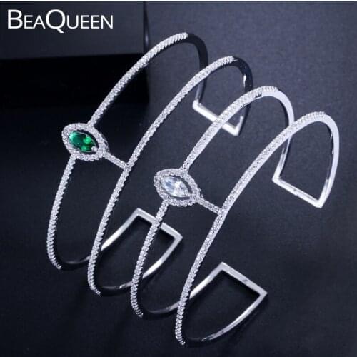 BeaQueen Luxury Jewelry Brand CZ Zirconia Crystal Paved Setting Green White Round Cuff Bracelets Bangles for Fashion Women B165