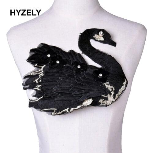 Black White Swan 3D Feather Embroidered Fabric Appliques Sew On Patches For Wedding Dress DIY Decoration NL068