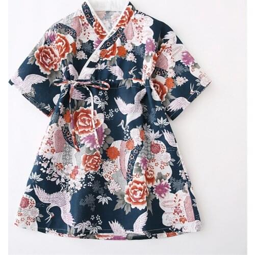 Japanese Style Crane Cotton Kimono Dress Vintage Woman Girls Traditional Pajamas Flower Nightgown Sleepwear Yukata Belt Clothes