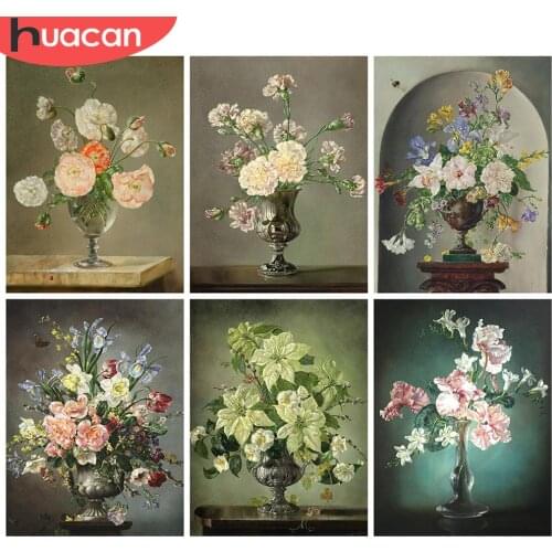 HUACAN Full Square Diamond Painting Flower DIY Mosaic Rhinestones Pictures 5d Diamond Embroidery Vase Home Decor Craft Kit