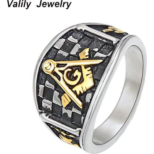 Valily Mens Freemason Ring Masonic Symbol Mason Ring for Man Women Stainless Steel Two Tone Biker Rings Jewelry wholesale