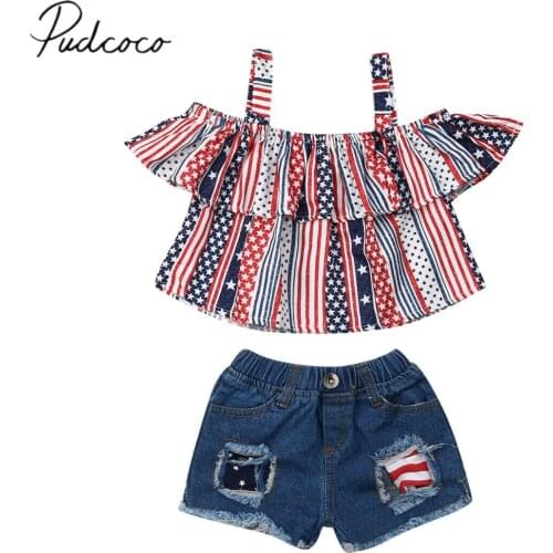 2019 Baby Summer Clothing Toddler Kid Baby Girl Off Shoulder Crops Shirt Tops Denim Shorts Patchwork Outfits Clothes Summer 1-6T