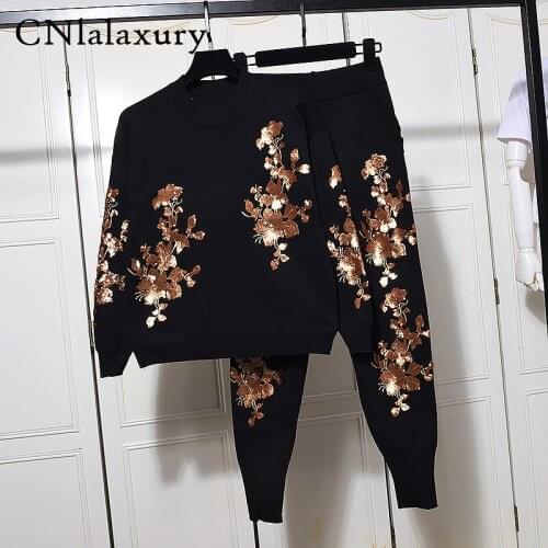 Two piece set Women Sequins Sweater Pants Set Long Sleeve Ladies Knit Pullover Tops+Trousers Fashion Clothing Sets tracksuit