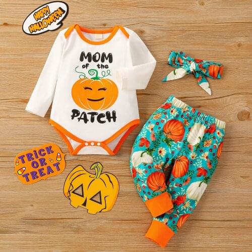 Halloween Newborn Baby Girl Boy Clothes Set Letter pumpkin Long Sleeve Romper Top Pants Headband Baby 3pcs Outfit