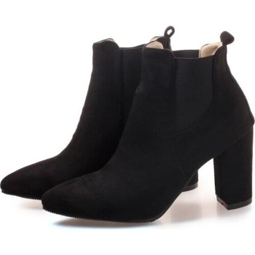 Big Size Ma'am Coarse heel Short boots Pure color Pointed boot barrel Suede high-heeled boots