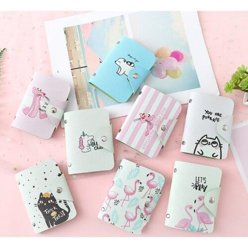 Cute Women Business Card Holder Case Book Cartoon Leather Bank Credit Card Clip Wallet Cardholder Flamingo ID Card Bag 20 Bits