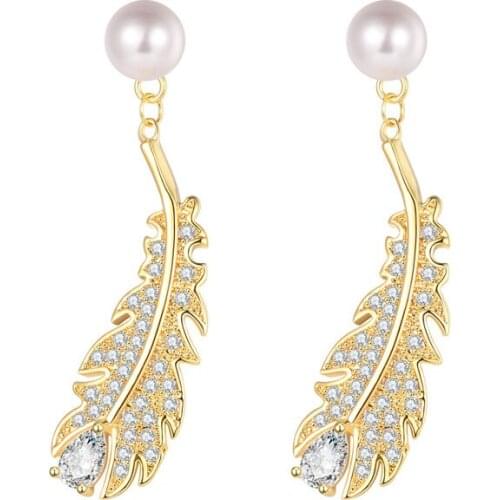 2020 New Feather Drop Dangle Earrings for Women Pearl Rhinestone Earring Copper Trendy Fashion Bohemian Pandant Earings