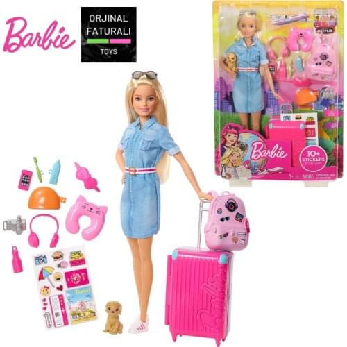 Barbie Doll and Travel Set with Puppy, Luggage & 10+ Accessories, Multicolor Traveling Doll and Accessories FWV25