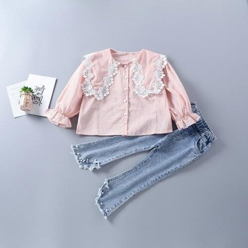 2-7 years high quality girl clothing set 2021 new autumn fashion plaid pink yellow shirt + pearl demin pamt kid children clothes