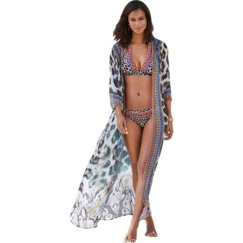 Sexy Womens Long Swimsuit Cover Up Dress Bohemian Style Leopard Print Open Front Flowy Chiffon Kimono Cardigan Ladies Dresses