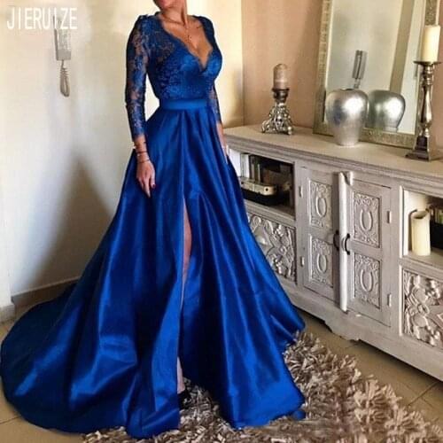 JIERUIZE Sexy Royal Blue Evening Dresses Deep V Neck Long Sleeves Lace Side Slit Formal Party Prom Gowns vestidos de fiesta
