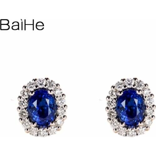 BAIHE Solid 14K White Gold 1.2ct Round Natural Sapphirs серьги Wedding Gift Trendy Fine Jewelry Sapphire Stud Earrings for women