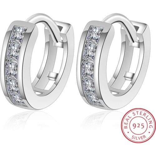 Real 925 Sterling Silver Minimalist Geometric Clear Zirconia Crystal Round Hoop Earrings For Women Party Fine Jewelry Accessory