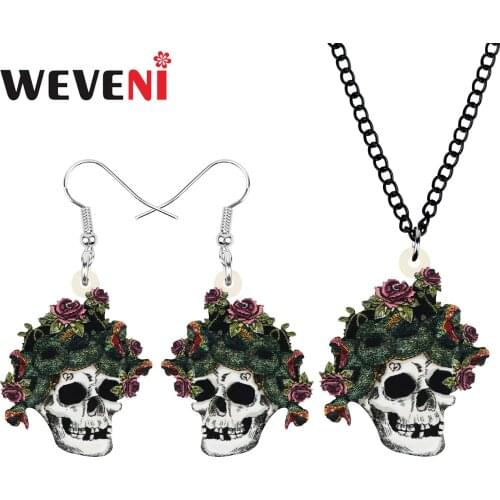 WEVENI Acrylic Halloween Skeleton Skull Jewelry Sets Printing Long Earrings Necklace For Women Girls Kids Retro Gift Decoration