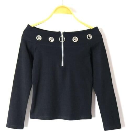 Europe punk rock Fashion 2020 New Arrival Solid Color Slash Neck Long Sleeve Pullover Sequined Patchwork T-shirt