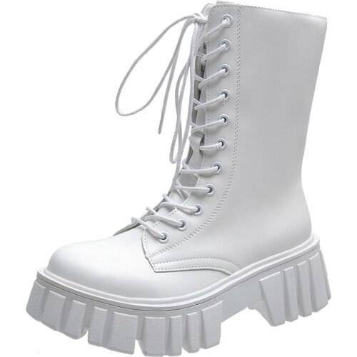 2021 New Mid Calf Boots Women Autumn Winter Fashion Lace-up Zipper Botas Mujer Boots Sports Platform Heel Ladies Shoes