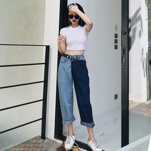 Patchwork Jeans For Women High Waist Irregular Large Size Summer Denim Long Trousers 2020 Fashion Harajuku Clothing