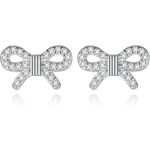 S925 Silver Earring Pave Bow Stud Earring For Women Wedding Gift Lady Girl Fashion Zircon Jewelry
