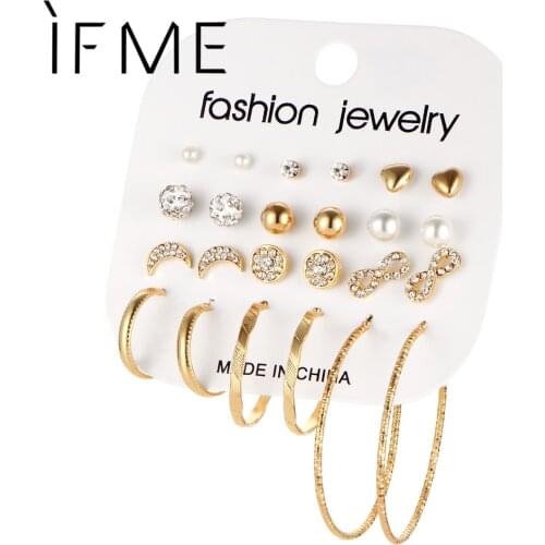 IF ME Fashion 12 Pairs/Set Brincos Mixed Stud Earrings For Women Crystal Ear Studs Moon Infinity Imitation Pearl Jewelry Girl