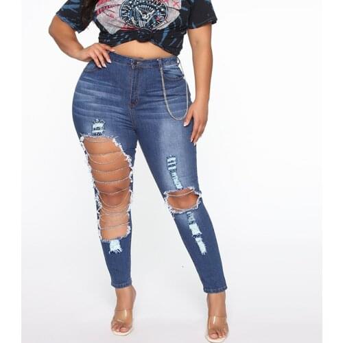 Women Slim Washed Ripped Hole Gradient Long Jeans Chain Hole Jeans Pants Denim Sexy Regular Pants Sexy Casual Slim Штаны #T2Q