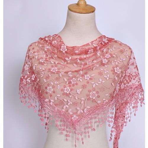 Women Lace Scarf Pure Color Lace Tassel Headscarf Triangle Scarf Hollow Out Tassel Shawls Scarves Thin See Through Scarf Red