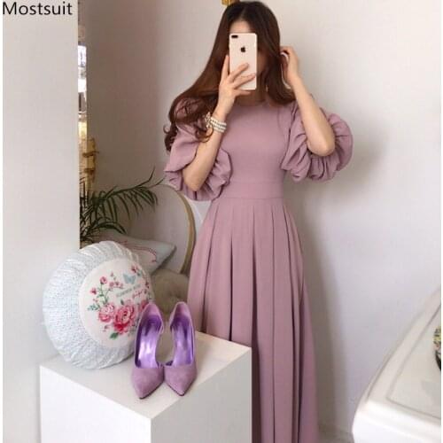 Summer Elegant Long Pleated Dress Women Korean Style Vintage Lantern Sleeve O-neck Tunic Bodycon Ladies Dresses 2021