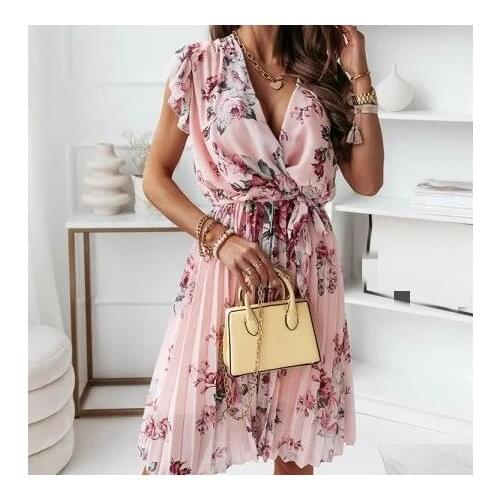 Printed Ruffles A-line Womens Dress V-neck Lace Up Sleeveless Plated Female Dresses 2021 New Summer Sexy Beach Ladies Clothes