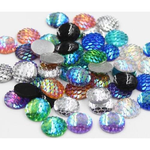 100pcs 12mm Mix Colors Mermaid Fish Scale Flat back Rhinestone Round Cabochon Embellishment Scrapbooking DIY Crafts