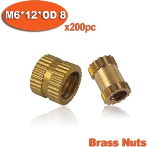 200pcs M6 x 12mm x OD 8mm Injection Molding Brass Knurled Thread Inserts Nuts