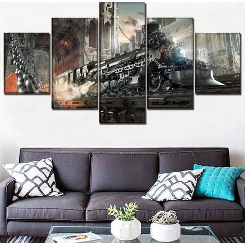 5 Panel Sci Fi Steampunk Retro Train Canvas Posters Wall Art Modern Pictures HD Paintings Home Decor Living Room Decoration