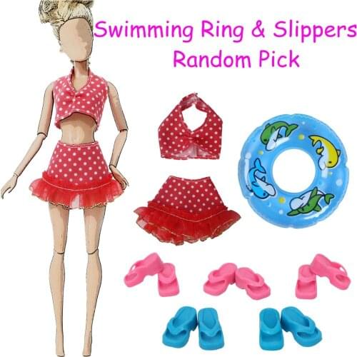 Fashion 7 Pcs = 1x Red Swimsuit + 1x Random Swimming Ring + Random 5x Slippers Shoes Accessories Clothes for Barbie Doll Toy