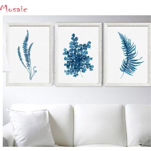 3pcs/set 5d DIY Diamond Painting Cross Stitch of"Blue Fern Leaves"Mosaic diamond Home Decor,Diamond Embroidery Crafts,Nordic art
