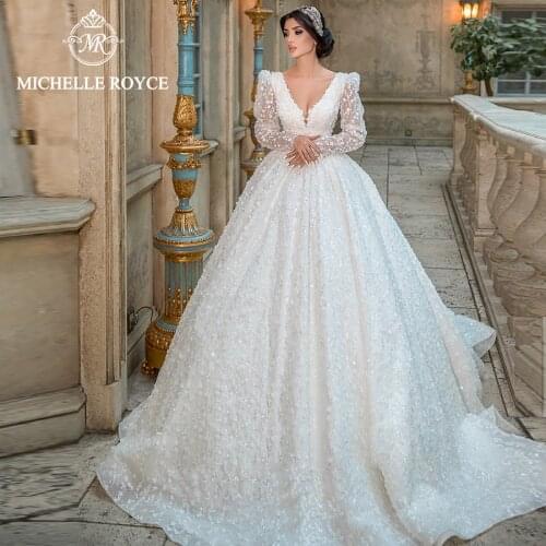 Michelle Royce Ball Gown Wedding Dress 2020 Sexy V-Neckline Puff Sleeve Lace Up Cathedral Train Bridal Gown Vestido De Noiva