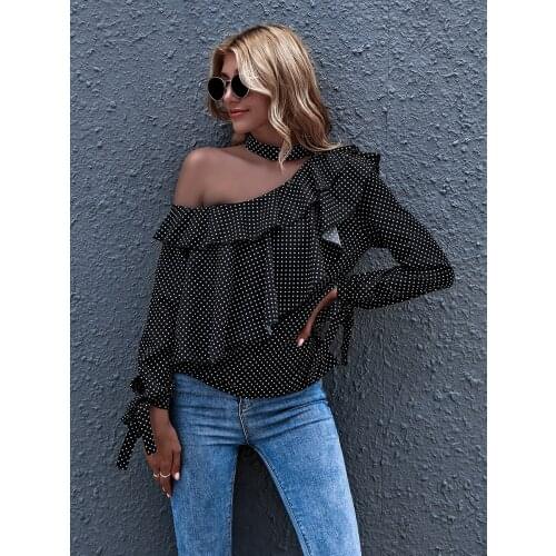 Womens Blouses Patchwork Ruffles Polka Dot Print Shirts Bandage Halter Long Sleeve Blouse Woman Clothing Blusas Femme Y2k Tops