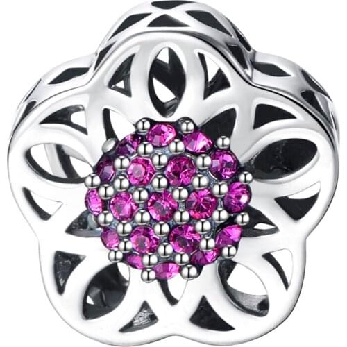 GW 925 Sterling Silver With Flower Shape With Purple Cubic Zirconia Charm Bracelet Bead for Women