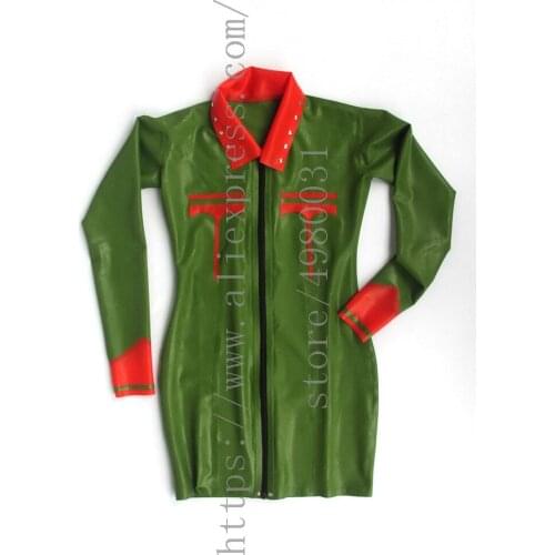 Made of 0.4mm thickness natural long sleeve womens latex dress bondage with front zipper decorations