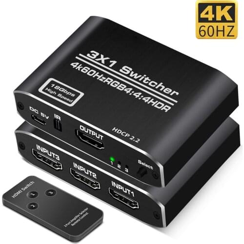 Navceker 4K 60Hz HDMI 2.0 Switch 3 Port HDMI Switch 2.0 3x1 HDMI Switch HDR 3D HDMI Switcher 4K 60Hz For PS3 PS4 Pro Apple TV