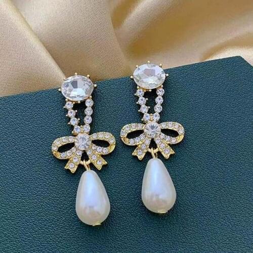 Korean Mosaic Semi-precious Stones Rhinestone Bow Eardrop Temperamental Simple Simulated-pearl Pendant Earrings All-matching